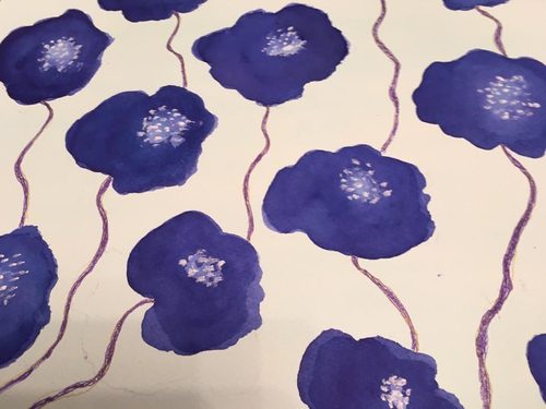 Jan. Blue floral wallpaper, brusho and gel pens.
